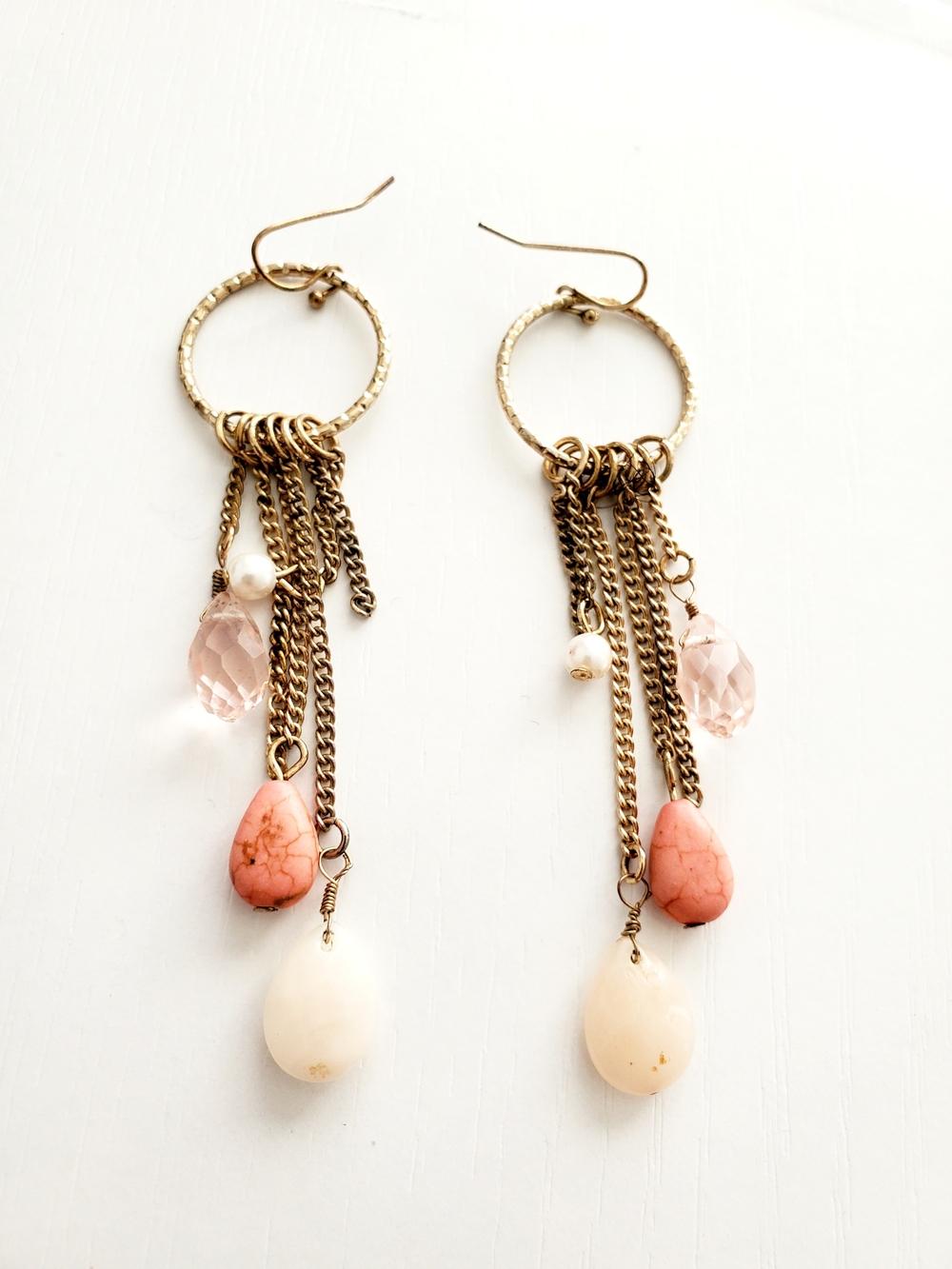 Vintage Boho Gold Chain Chandelier Earrings Coral Pearl Drop